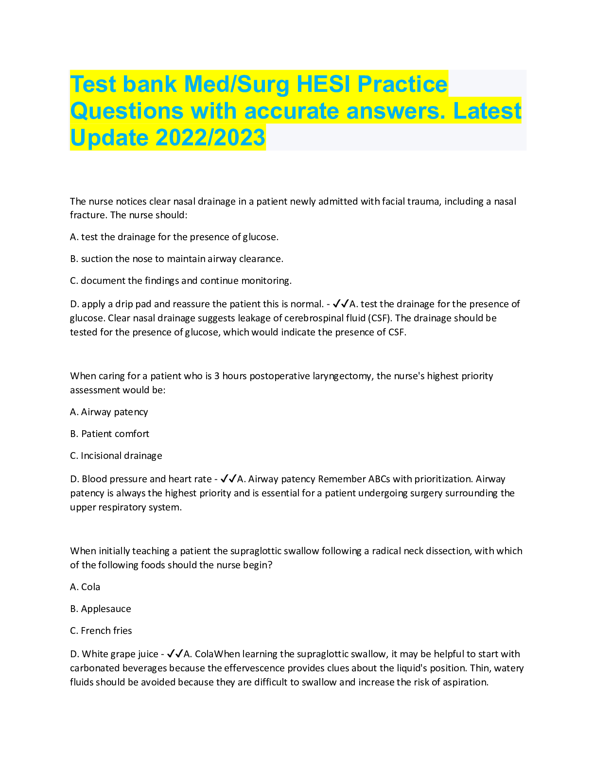 Preview image for Test bank Med/Surg HESI Practice Questions with accurate  RATIONALE answers. Latest Update 2022/2023
